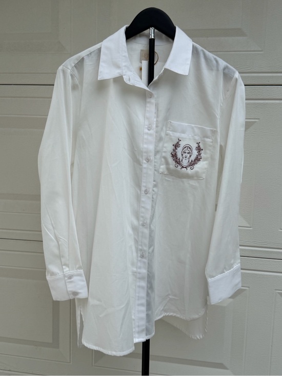 Hara Tops - Hara White Organic Cotton Embroidered Goddess Button Down Tunic Shirt L NWT